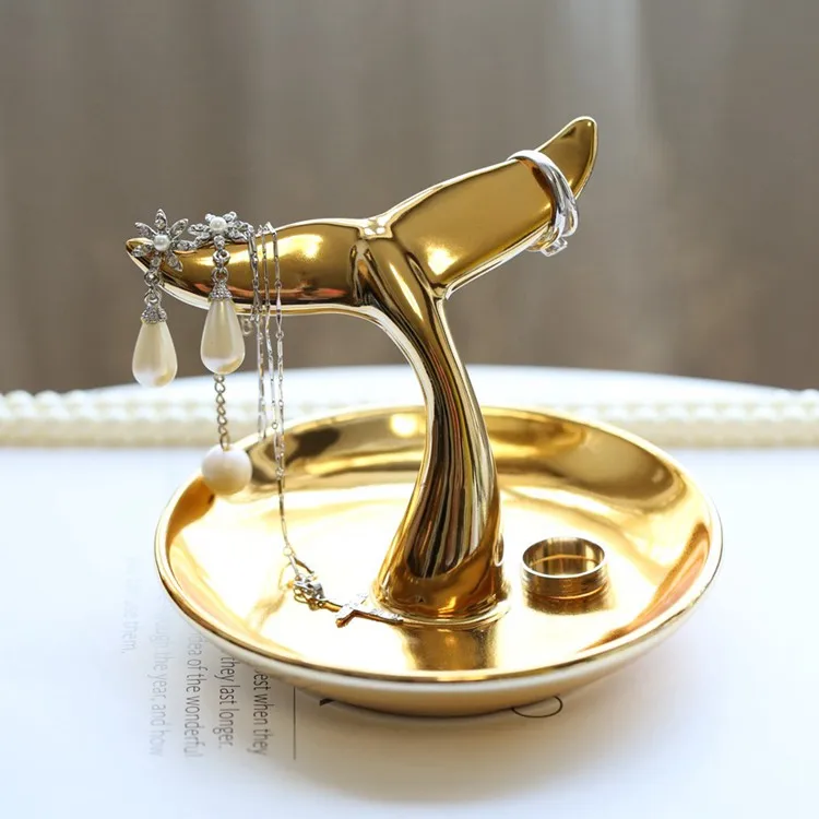 Saideke Home Decor Ceramic Gold Plated Whale Tail Ring Jewelry Tray For Wedding Decoration