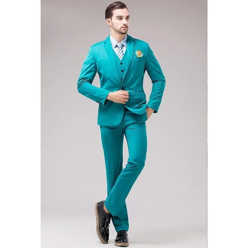 92-1 2016 New Slim Fit Groom Tuxedos Notch Lapel Men's Suit Turquoise Groomsman Best Man Wedding Dinner Suits (Jacket+Pants+Vest)