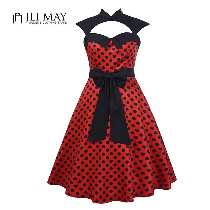 Jli may женщины dot лук midi качели dress винтаж партия черный белый красный мандарин