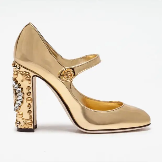 gold shoes with chunky heel