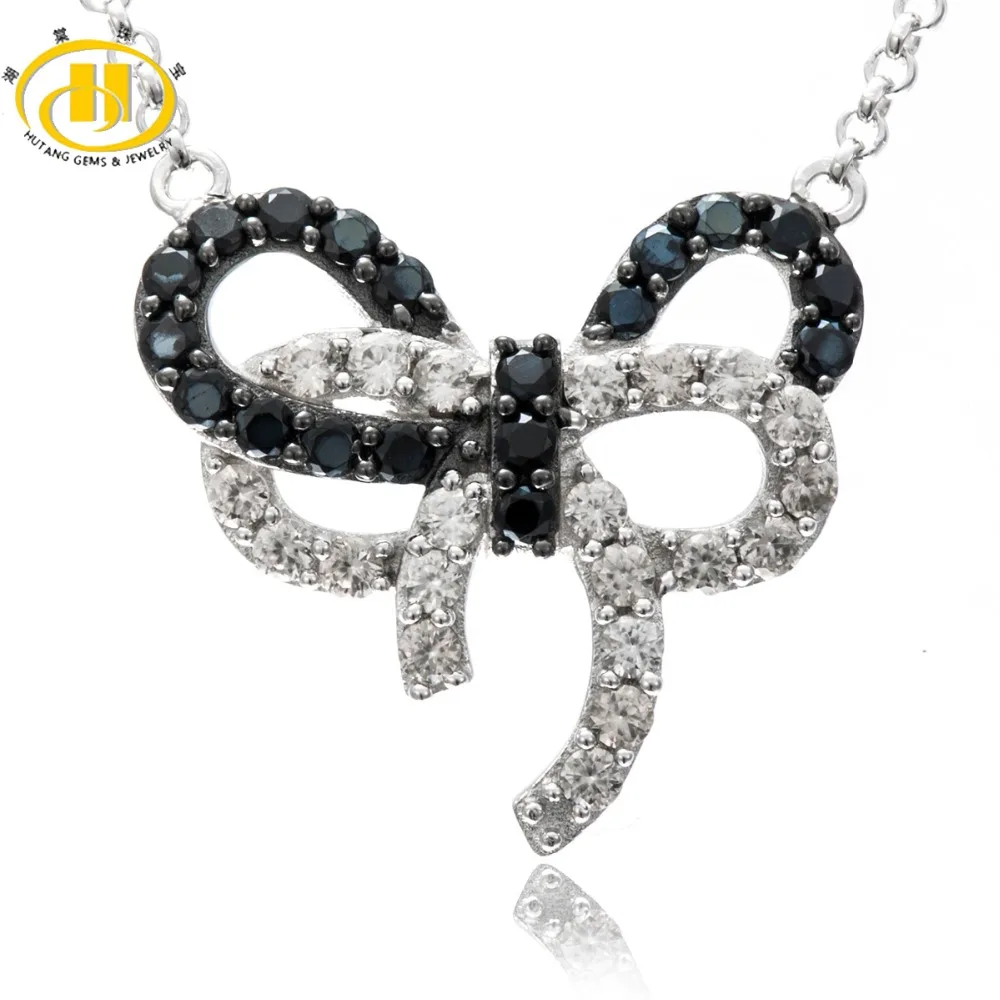 

Hutang Romantic Solid 925 Sterling Silver Black Spinel Bowknot Pendant Necklace Womens Fine Jewelry Free Chain For Women Gift