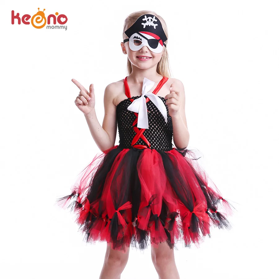

Red and Black Pirate Inspired Handmade Tutu Dress Girls Halloween Photo Prop Pageant Costume Wench Petti Dress with Eye Patch