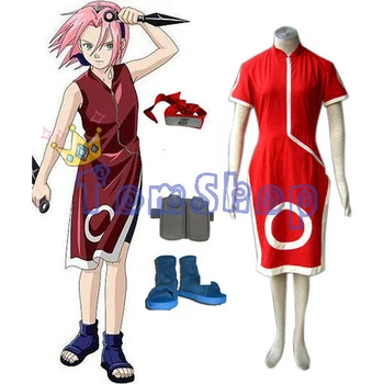 

Japanese Anime Naruto Haruno Sakura 1st Full Combo Set Cosplay Uniform Suit Costumes (Dress+Shorts+Headband+ Ninja Shoes+Bag)