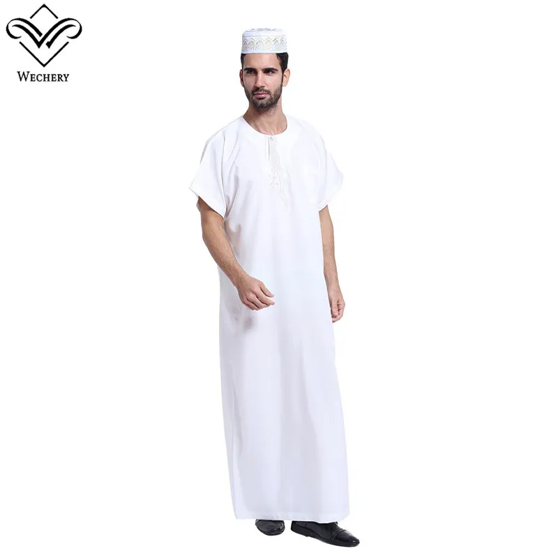 Wechery Лето Арабские накидки и таубы Для мужчин s короткий рукав вышивка халаты для Для мужчин Саудовская исламистского Костюмы плюс Размеры
