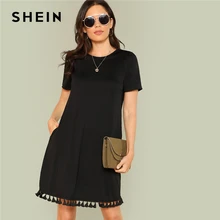 SHEIN Tassel Hem Side Pocket Tee Dress Women Summer Dress 2019 Pocket Fringe Shift Solid H Type Tunic Short Sleeve Dresses twist dip hem solid tee