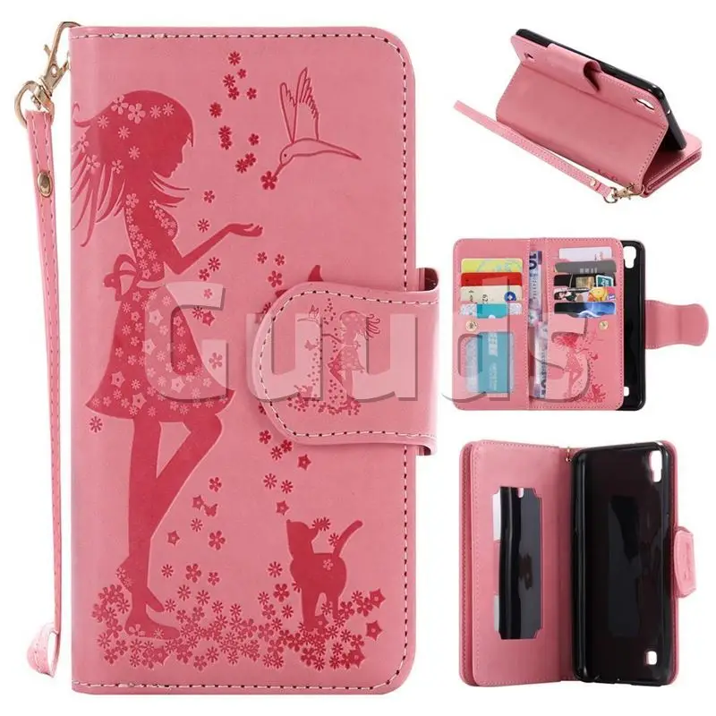 Embossing Cat Girl 9 Card Leather Wallet Case for LG X Power LS755 K220DS K220 US610 K450 - Pink