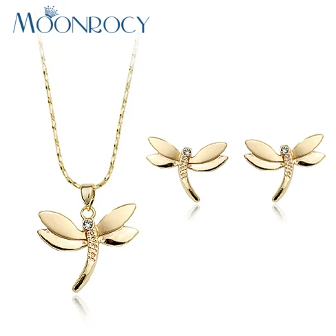 

MOONROCY Free Shipping Rose Gold Color Crystal dragonfly Necklace and Earrings Jewelry Set for women girl Gift