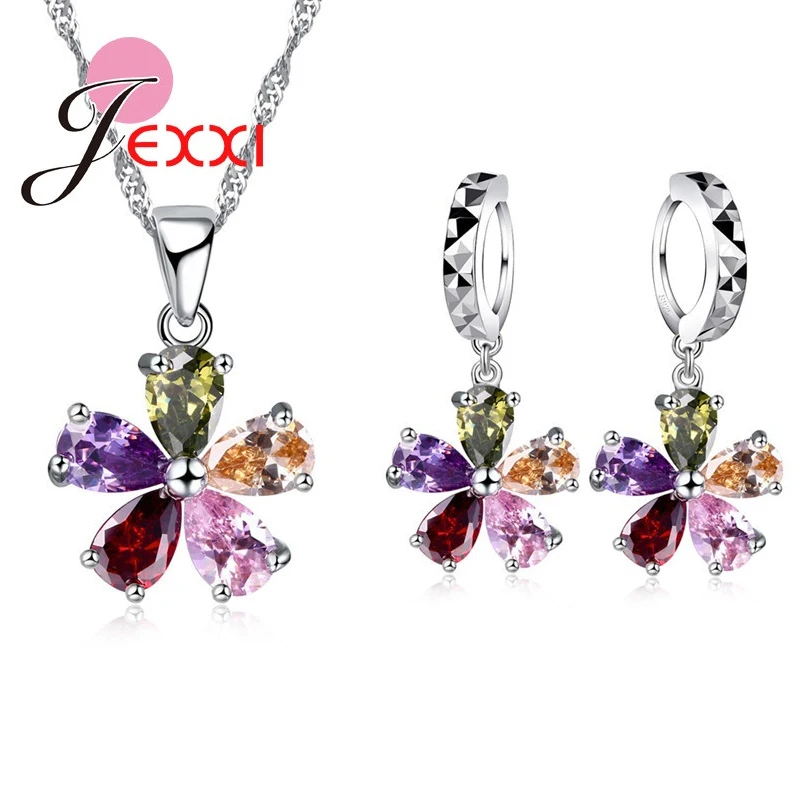 JEXXI-925-Silver-Jewelry-Sets-For-Women-Vintage-Five-Flowers-Crystal-Pendant-Necklace-Drop-Earrings-Bridal