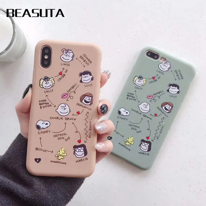 

Japan Snoopys Dog and Charlie Brown Phone XS MAX XR 6s matte case for iPhone 7plus 8 Plus love heart soft TPU back cover funda