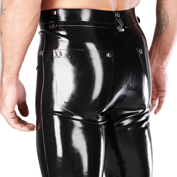 0,6 мм Толщина Черный латекс длинные джинсы для мужчин спереди молния латексные брюки с карманами