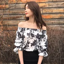 White Print Women Chiffon Blouse 2019 Slash Neck Tops Clothes Fashionable Sweet Style Clothing Slim Streetwear Casual Hot Sale fashionable slash neck print flounce blouse for women