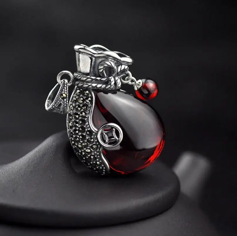 Ethnic s925 sterling silver purse garnet lucky pendant jewelry (YRT)