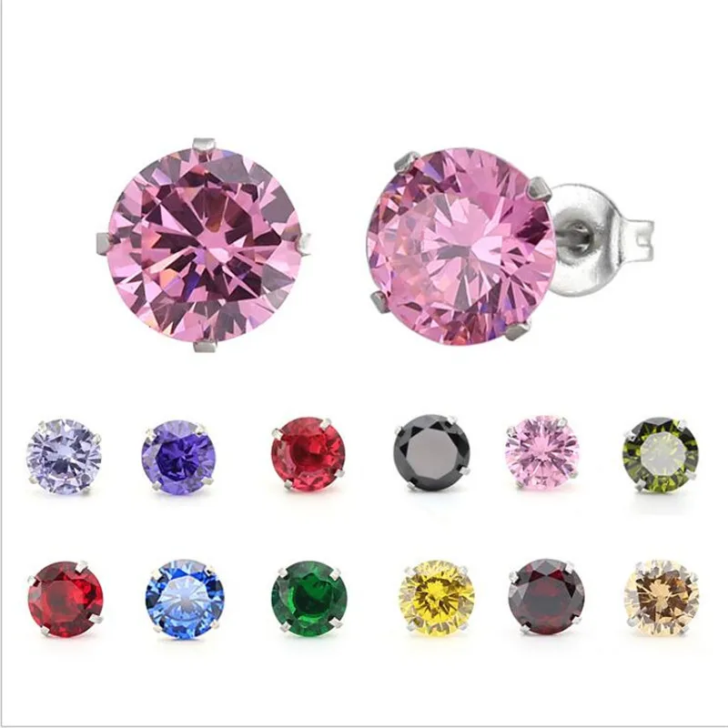 

PE85 Titanium Zircon Stud Earrings 7MM Round Colorful Crystal Earring Stainless Steel Jewelry