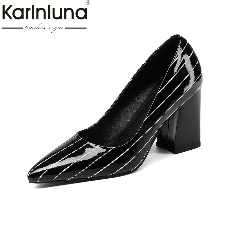 

KarinLuna genuine leather 2018 cow leather slip on square high Heels women shoes woman black Pumps Shoes size 34-39