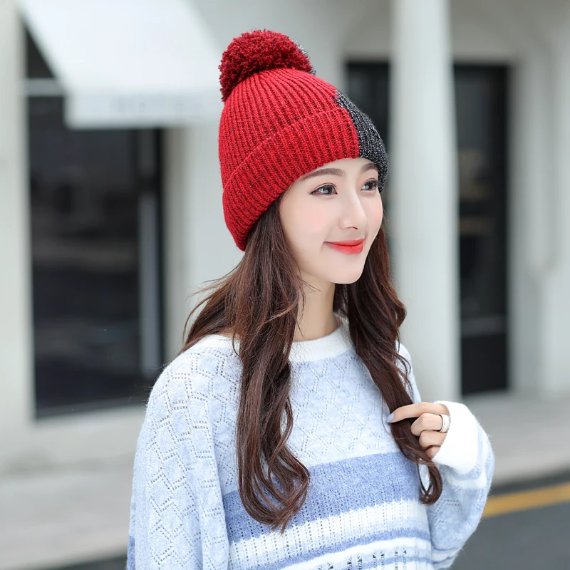 Для женщин вязаная шапка мода зима большой натуральный мех енота помпон кепки, вязаные шляпы для Для женщин зима лоскутное Повседневное
