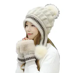 Женская зимняя шапка и перчатки, комплект из 2 предметов, милая вязаная шапка с помпонами из искусственного меха для девочек, роскошные
