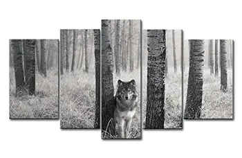 

HD print 5 panel Quality High Animal Canvas Painting Modern Wolf In Forest Gray Canvas Wall Paintings
