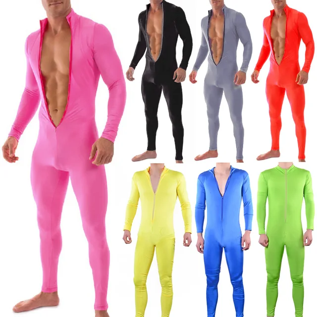 Sexy Mens Bodysuit Unicolor Spandex Unitard Stretch Tight Catsuit ...