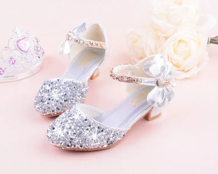 Girls sandals high heels spring and summer rhinestones bow princess Performance /wedding crystal single shoes shiny silver