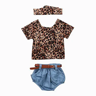 Комплекты одежды из 3 предметов для новорожденных девочек, леопардовая футболка с короткими рукавами, топы, шорты, джинсы, комплект одежды с головной повязкой