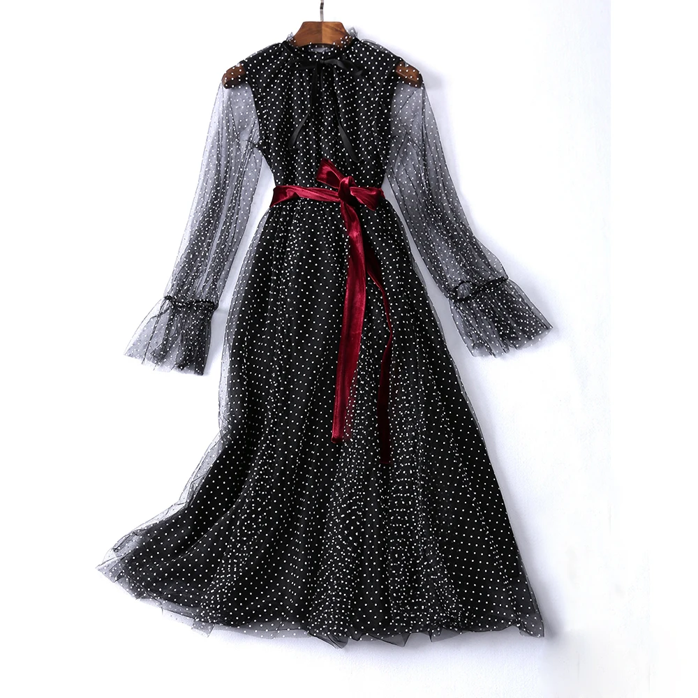 GoodliShowsi для женщин с длинным рукавом в горошек принтом черный с кружевами длиной до лодыжки платье Vestido