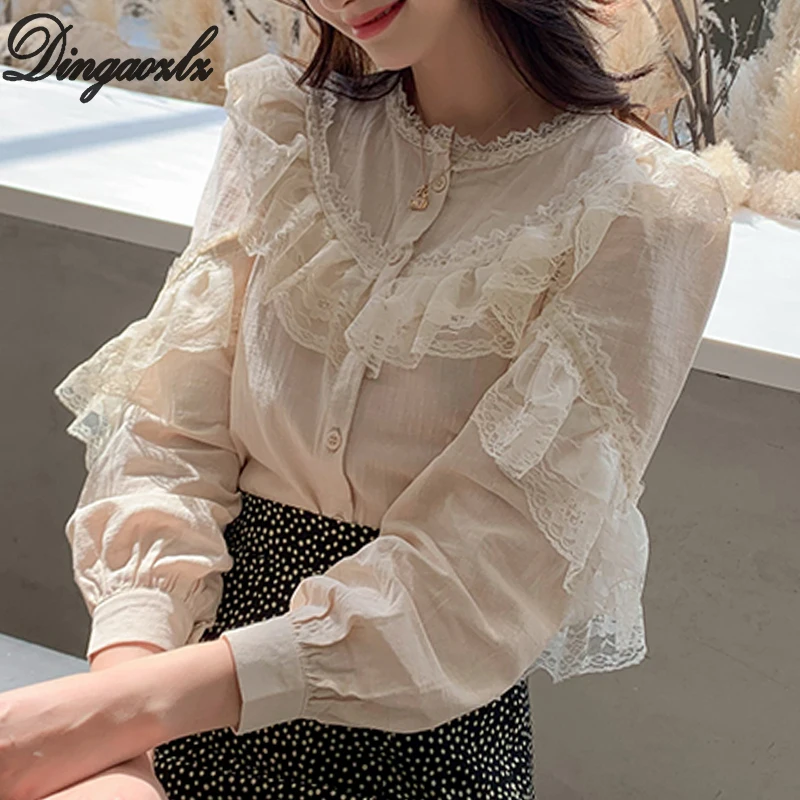  Dingaozlz fashion long sleeve lace tops elegant female lace stitching casual blouse 2019 new korean