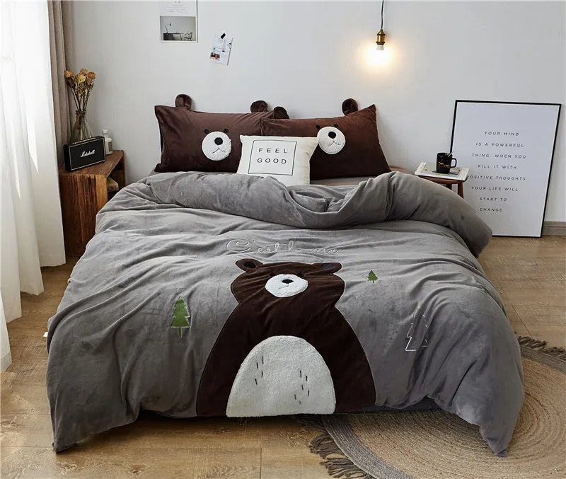 

Milk Velvet Warm Winter Cartoon Bear Fleece Bedding Set Duvet Cover Bed Linen Bed sheet Pillowcases Fitted sheet Children Gift