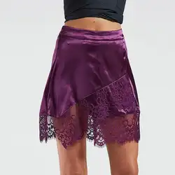 Дамы атласные irrgular Кружево лоскутное мини-юбка Для женщин фиолетовый, черный Высокая талия юбка пикантные женские летние уличной юбка