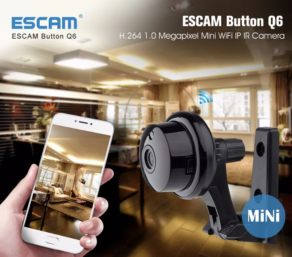 Новая беспроводная мини-камера Escam с кнопкой Q6 1MP, поддержка ONVIF 2.4.2, детектор движения для мобильного просмотра и электронная сигнализация до 128 ГБ, sd-карта