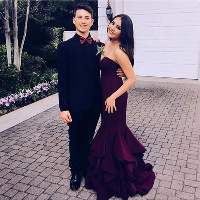 

Sexy Sweetheart Ruffles Sweep-Train Mermaid Evening Dress Off The Shoulder Party Dresses Burgundy Formal Women Evening Gown