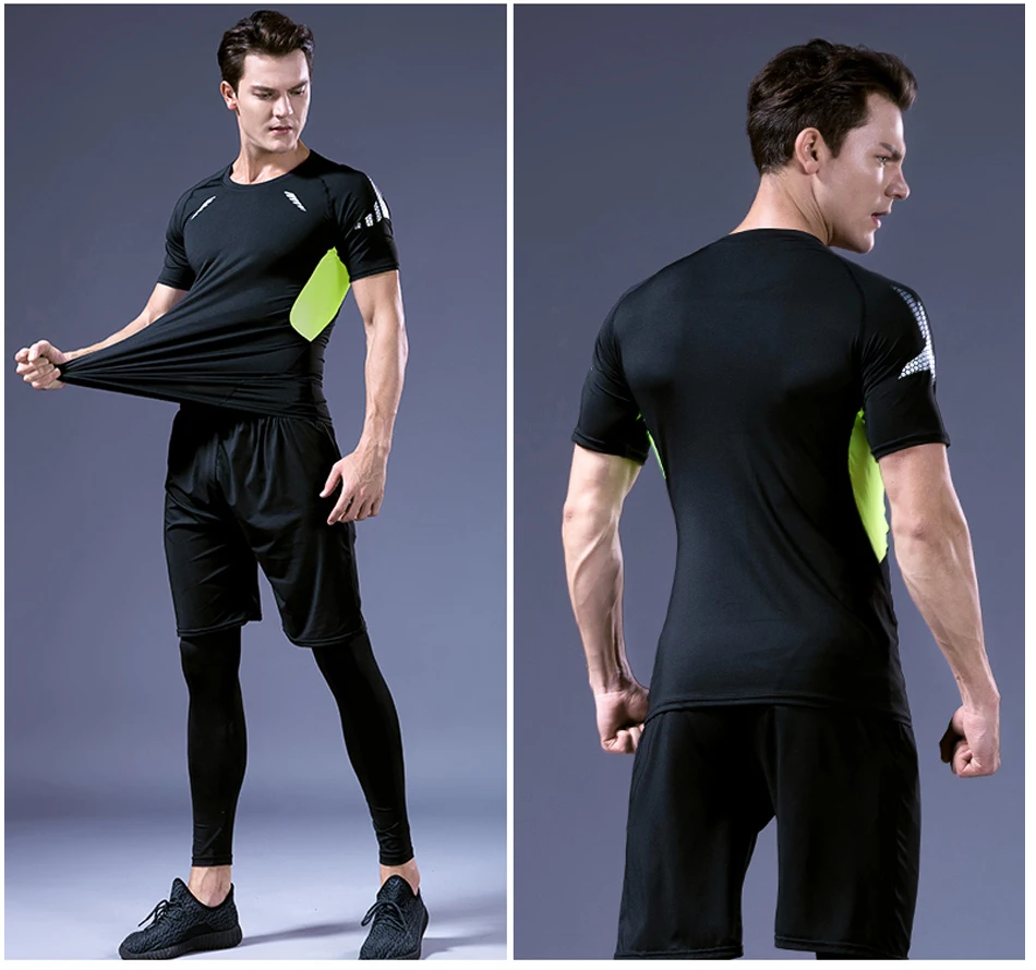 Стоящий спортивный компрессионный спортивный костюм с короткими рукавами для мужчин, быстросохнущая одежда, костюм для бега, одежда для бега, тренажерного зала, фитнеса, тренировок
