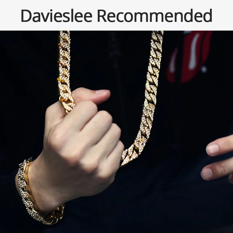 Davieslee14 мм, мужское ожерелье, ожерелье со льдом, кантри, кубинское золотое ожерелье, проложенные прозрачные стразы, Wo для мужчин, s, Мужская цепочка DLGN432