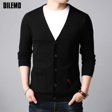 Новинка, модные брендовые свитера, мужской кардиган с v-образным вырезом, Облегающие джемперы, вязанные, длинный рукав, осенняя, корейский стиль, повседневная мужская одежда
