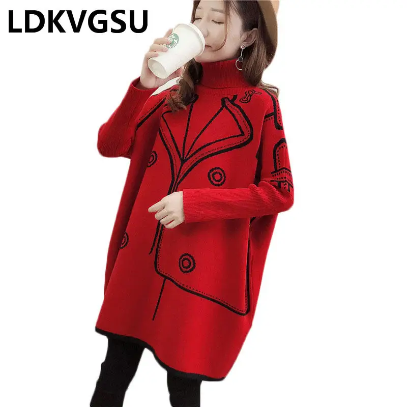 

2018 Autumn Winter New Korean Female Cloak Sweater Loose Large Size High Collar Knit Pullover Sweater Red Black Bat Shirt Is910