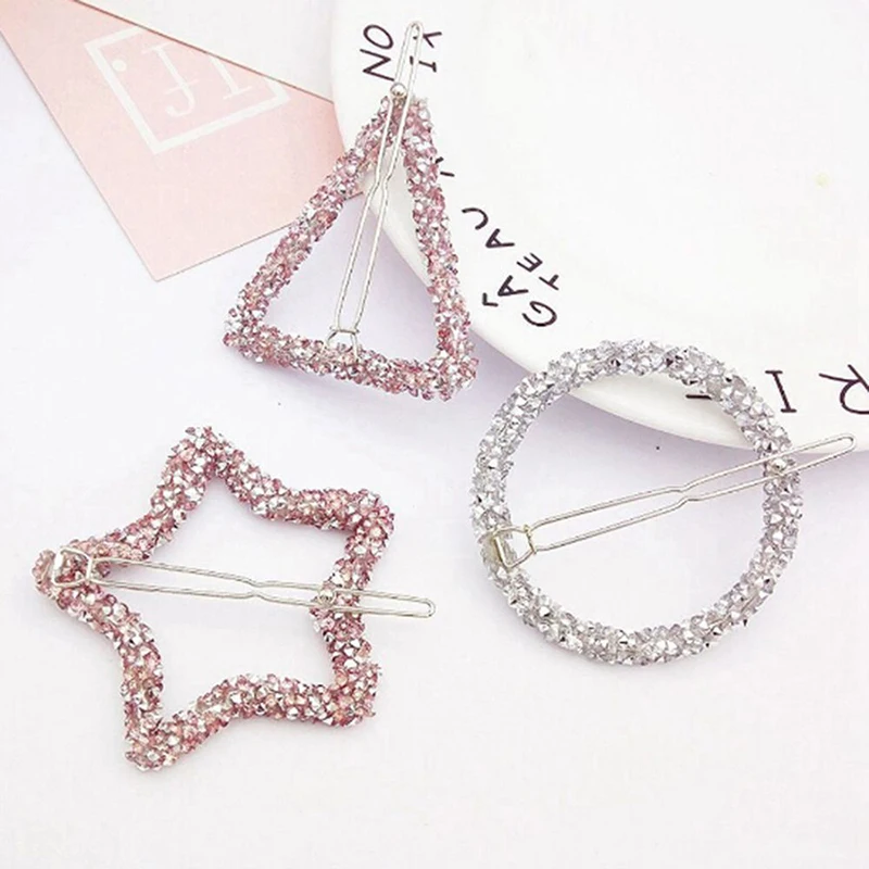 1Pcs Fashion Crystal Rhinestones Hair Clip Hairpin Star Triangle Round Shape Women Hair Clips Barrettes Hair Styling Accessories