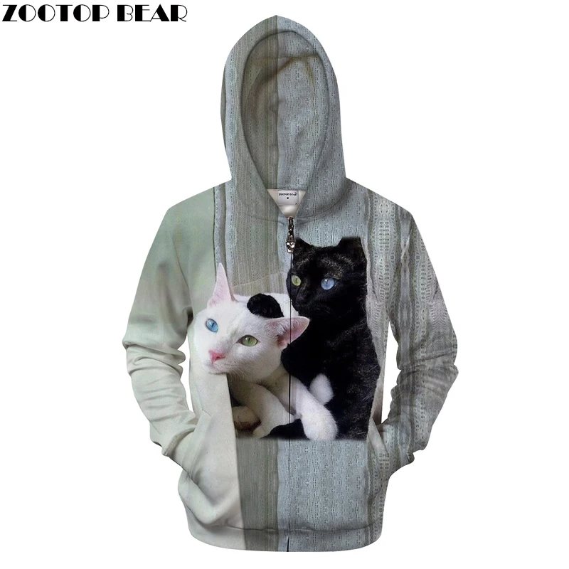 White and Black Cats Prints Hoodies 3D Animal Unisex Hoody Zip