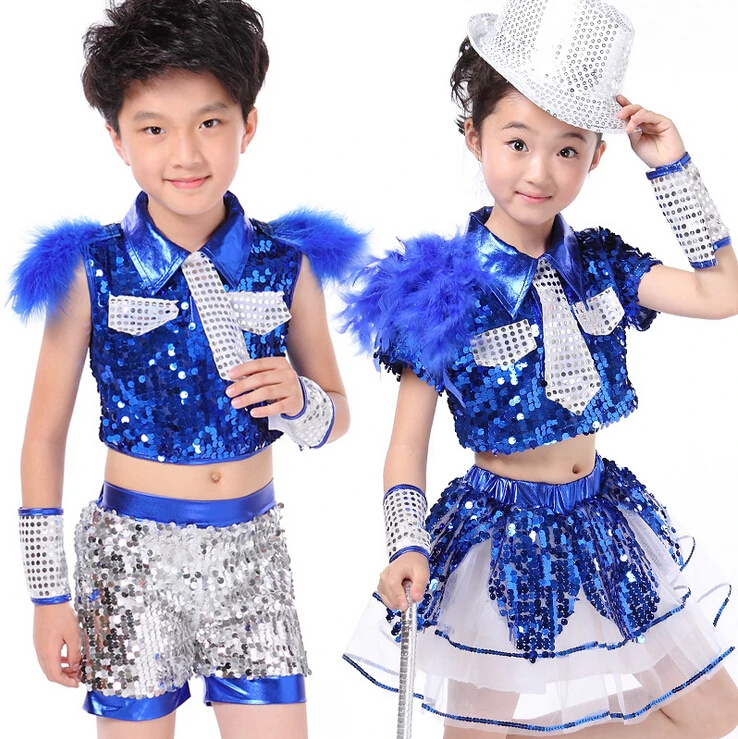 Childrens Paillette Dancewear kids Jazz Hip Hop Ballroom Dance Costume Top/&Short