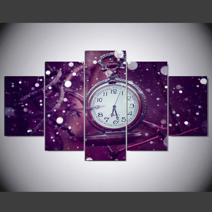 5 Pcs Watch Canvas Painting Purple Background Clock Wall Art Pictures
