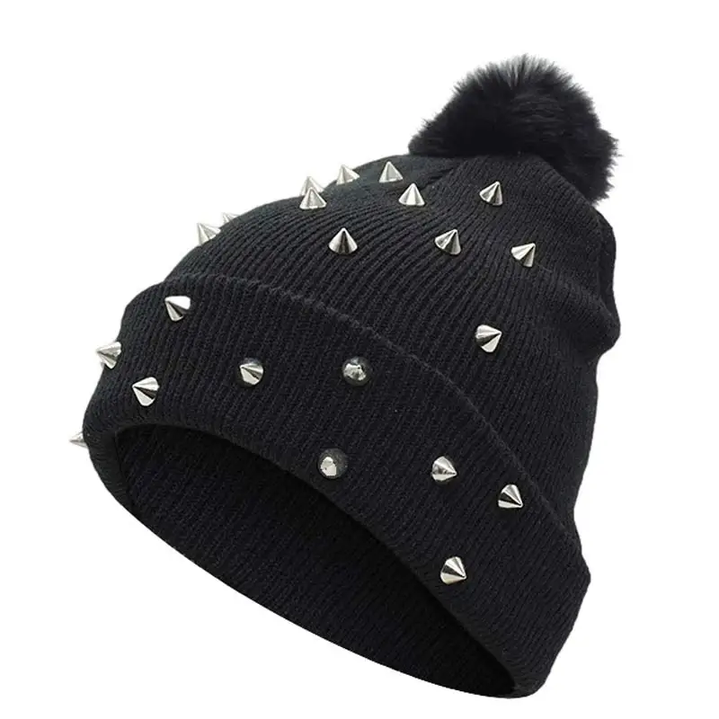 Womens Rivet Winter Pompom Beanies Punk 