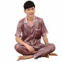 Летний мужской Пижамный костюм с коротким рукавом Повседневный Пижамный костюм из вискозы 2 шт рубашка и брюки Свободная Домашняя одежда атласная ночная рубашка размера плюс L-3XL