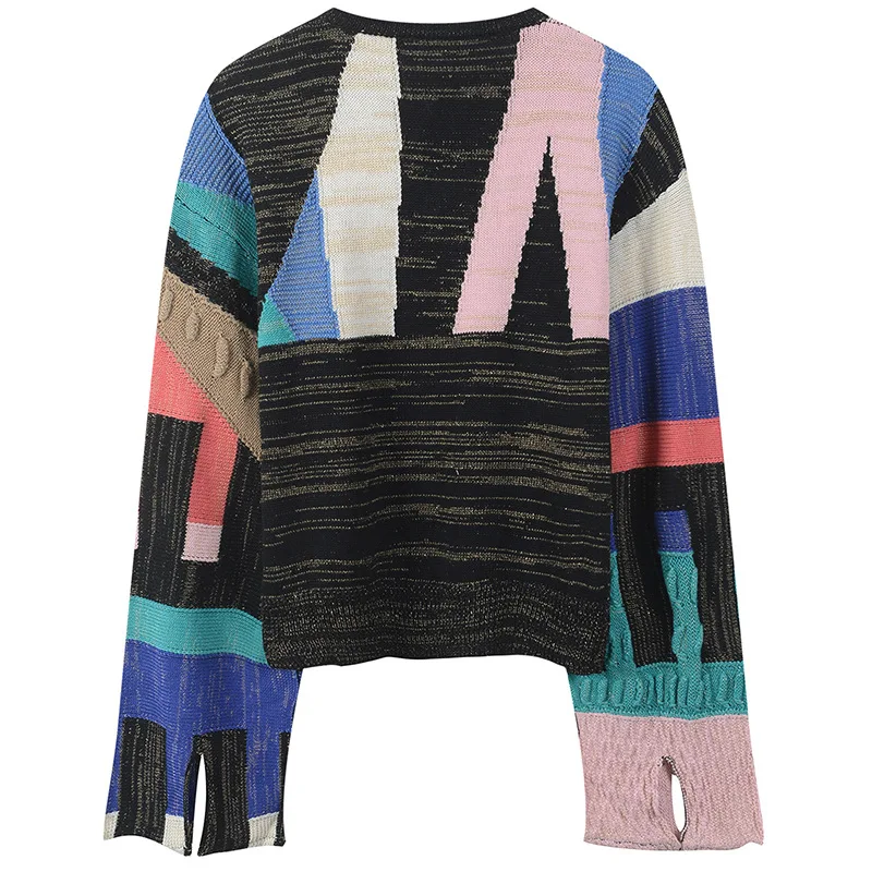 Fashion Women Oversized Sweater Runway Brand Sweater Split Flare Long Sleeve Geometric Patchwork Knitted Pullover Clothes