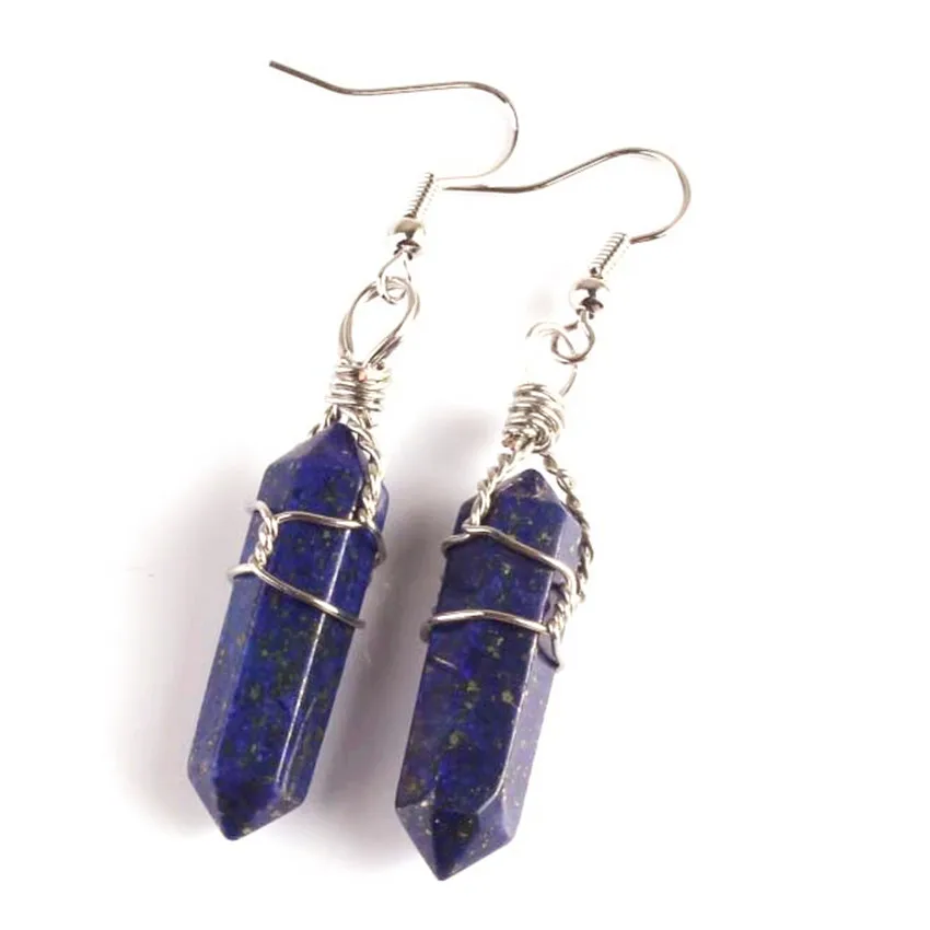 

Trendy-beads Silver Plated Handmade Wire Wrap Lapis Lazuli Hexagon Column Dangle Earrings Ethnic Jewelry