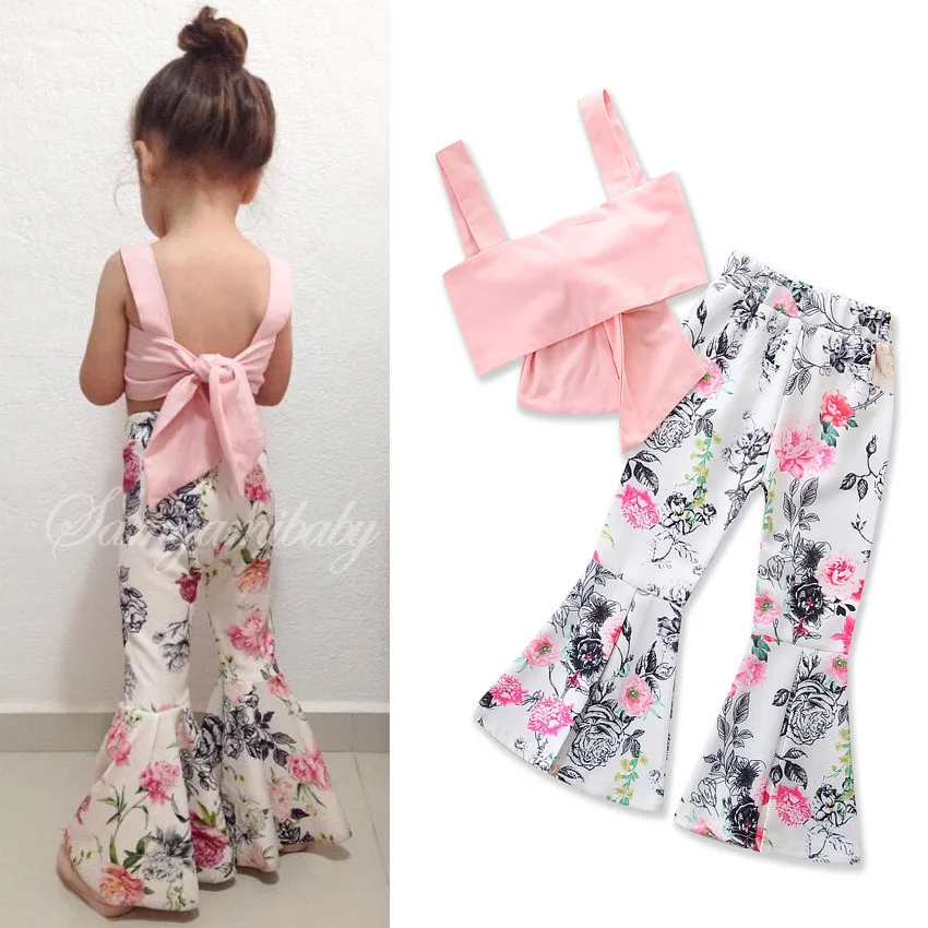 

Babies Summer Outfits Baby Girls Cotton Bow T-shirts with Flower Trouser 2018 Childrens Fashion Outfits Kids Clothing
