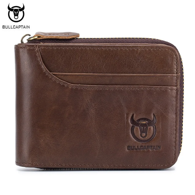 

BULLCAPTAIN 100% Genuine Leather Men Wallet RFID New Zipper Short Man wallets Small Coin Purse Credit Card Holder Organizer