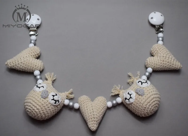 

MIYOCAR handmade wood clip cream Crochet heart and owl stroller toy chain for pram stroller mobile rattle wooden bead crochet