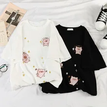 Корейский кавайный мультфильм вышивка короткий рукав футболки женская летняя повседневная футболка Harajuku 90s девушка футболка белый черный топы тройник