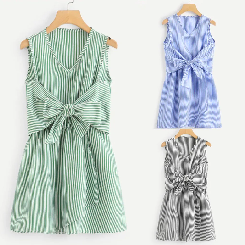

Summer New Fashion Women's Vintage Striped Sleeveless Ladies V-Neck Casual Sashes Bow Knee-Length Dress Wholesale Free Ship Z4