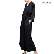 Cakucool, комбинезон с длинным рукавом, Женские повседневные Комбинезоны с v-образным вырезом, свободные черные широкие штаны, плиссированные женские комбинезоны длиной до щиколотки