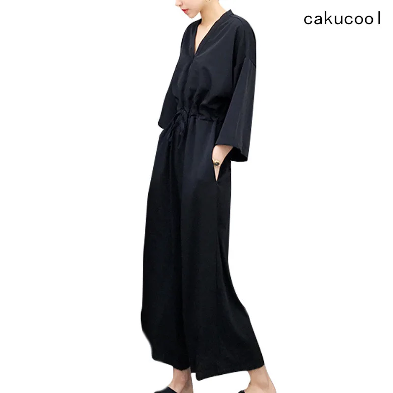 

Cakucool Long Sleeve Jumpsuit Women Casual Overalls V-neck Loose Black Wide Leg Pants Ankle-length Pleated Waist Women Rompers