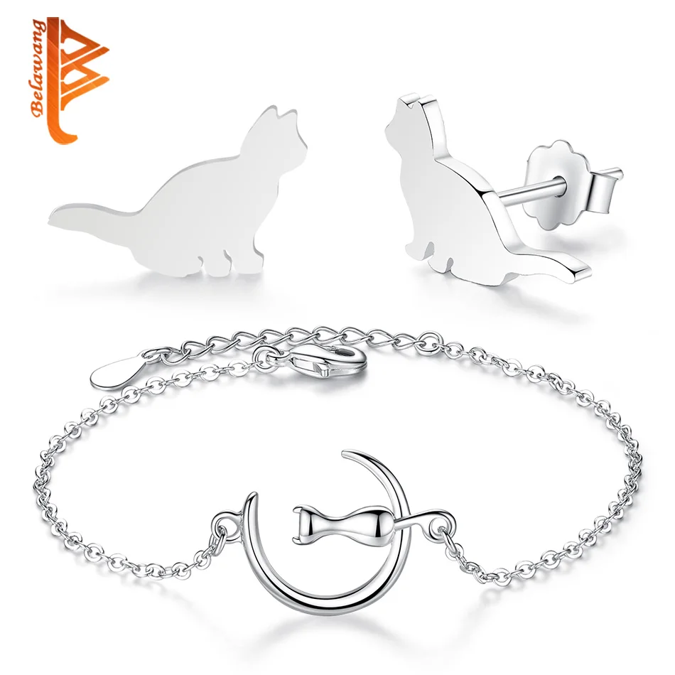 

Lovely 925 Sterling Silver Cat Animal Jewelry Sets for Women Girl Chain Bracelet & Stud Earrings Jewelry Sets Birthday Gift